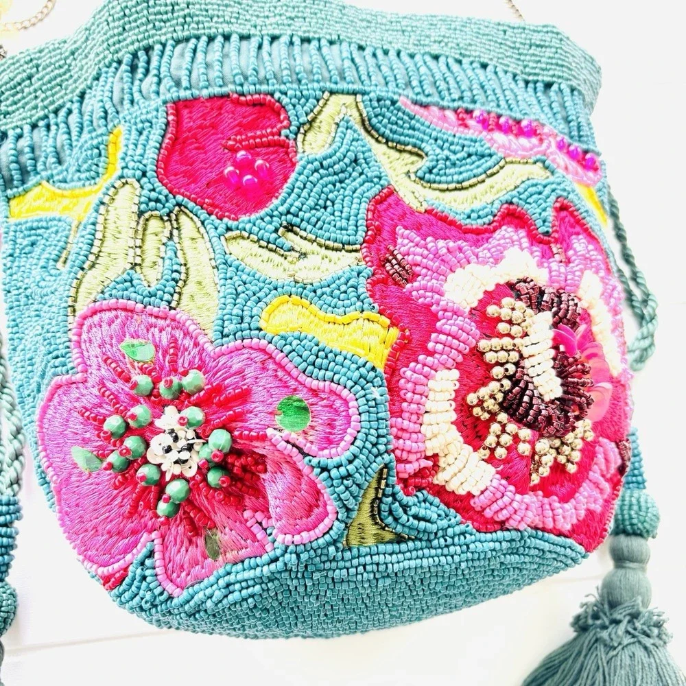 TikTok Viral India Beaded Bucket Bag Floral Embroidered Tassels Teal Crossbody